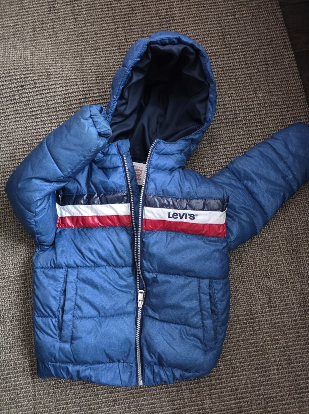 Levi's Blue Puffer Jacket with Red-White-Navy Stripe